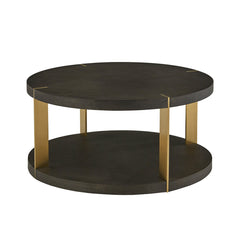 Coffee Table, 36 In Round, Brown Faux Shagreen Top, Gold Metal Base