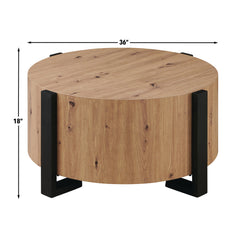 Coffee Table, 36 in Round, Natural Wood Top with Black Iron Legs