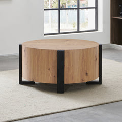 Coffee Table, 36 in Round, Natural Wood Top with Black Iron Legs