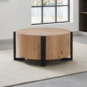 Coffee Table, 36 in Round, Natural Wood Top with Black Iron Legs