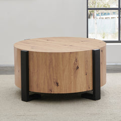Coffee Table, 36 in Round, Natural Wood Top with Black Iron Legs