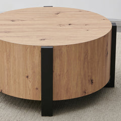 Coffee Table, 36 in Round, Natural Wood Top with Black Iron Legs