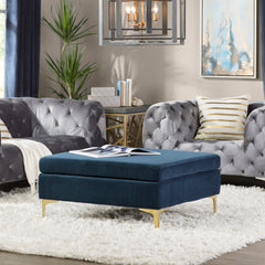 Coffee Table, 36 in Square, Navy Fabric Top with Brass Iron Base