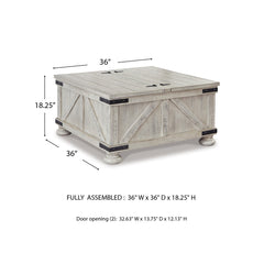 Coffee Table, 36 in Square with Lift-Up Storage, White Top and Gray Base