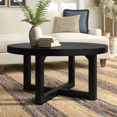 Coffee Table, 36 Inch Round Wood with X-Frame Base, Black