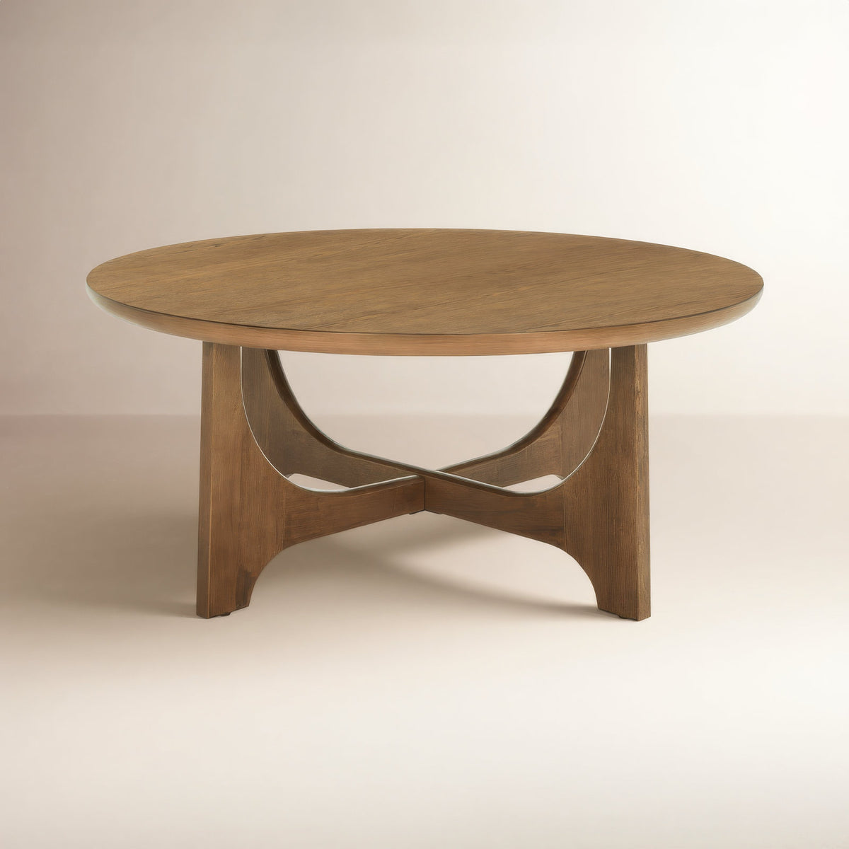 Coffee Table, 40 in Round Oak Veneer with Trestle Base, Medium Oak