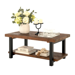 Coffee Table, 42 Inch Rectangle in Natural Pine with Black Steel Legs