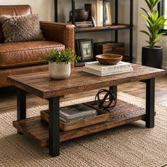 Coffee Table, 42 Inch Rectangle in Natural Pine with Black Steel Legs