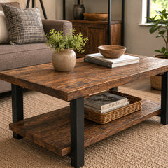 Coffee Table, 42 Inch Rectangle in Natural Pine with Black Steel Legs