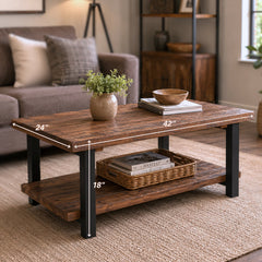 Coffee Table, 42 Inch Rectangle in Natural Pine with Black Steel Legs