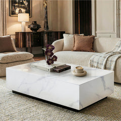 Coffee Table, 47 in Rectangular with Faux Marble Glass Top