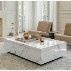 Coffee Table, 47 in Rectangular with Faux Marble Glass Top