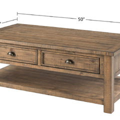 Coffee Table, 50 in Solid Pine with Drawers, Reclaimed Natural