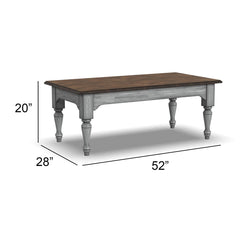 Coffee Table, 52 in Rectangular, Brown Top with Gray Base