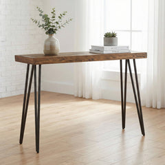 Coffee Table, 52 in Wide, Brown Wood Top with Black Iron Legs