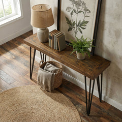 Coffee Table, 52 in Wide, Brown Wood Top with Black Iron Legs
