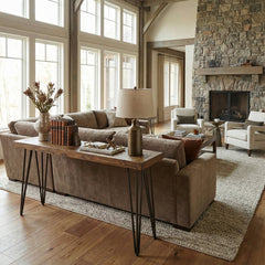 Coffee Table, 52 in Wide, Brown Wood Top with Black Iron Legs