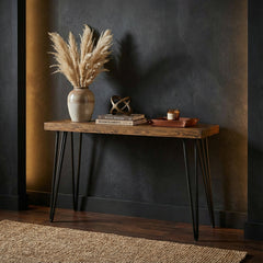 Coffee Table, 52 in Wide, Brown Wood Top with Black Iron Legs