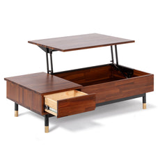 Coffee Table, Brown Acacia Wood Top with Black and Gold Iron Base