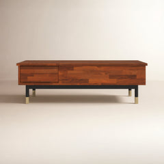 Coffee Table, Brown Acacia Wood Top with Black and Gold Iron Base