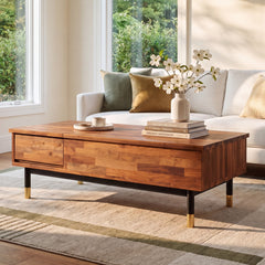 Coffee Table, Brown Acacia Wood Top with Black and Gold Iron Base