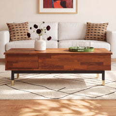 Coffee Table, Brown Acacia Wood Top with Black and Gold Iron Base