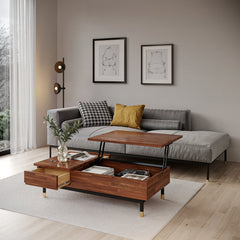 Coffee Table, Brown Acacia Wood Top with Black and Gold Iron Base