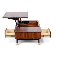 Coffee Table, Brown Acacia Wood Top with Black and Gold Iron Base
