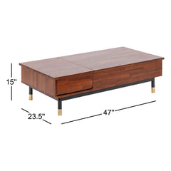 Coffee Table, Brown Acacia Wood Top with Black and Gold Iron Base