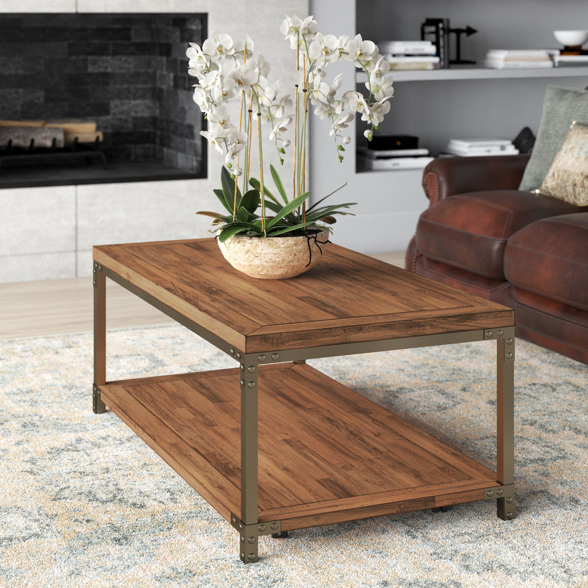 Coffee Table, Brown Acacia Wood Top with Black Base