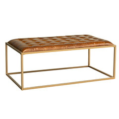 Coffee Table, Brown Buffalo Leather Top with Gold Iron Base