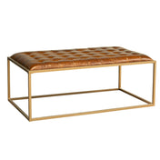Coffee Table, Brown Buffalo Leather Top with Gold Iron Base