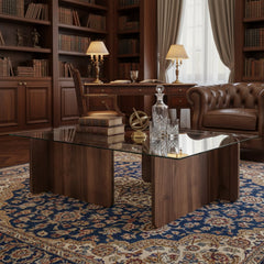 Coffee Table, Clear Glass Top with Medium Wood Base
