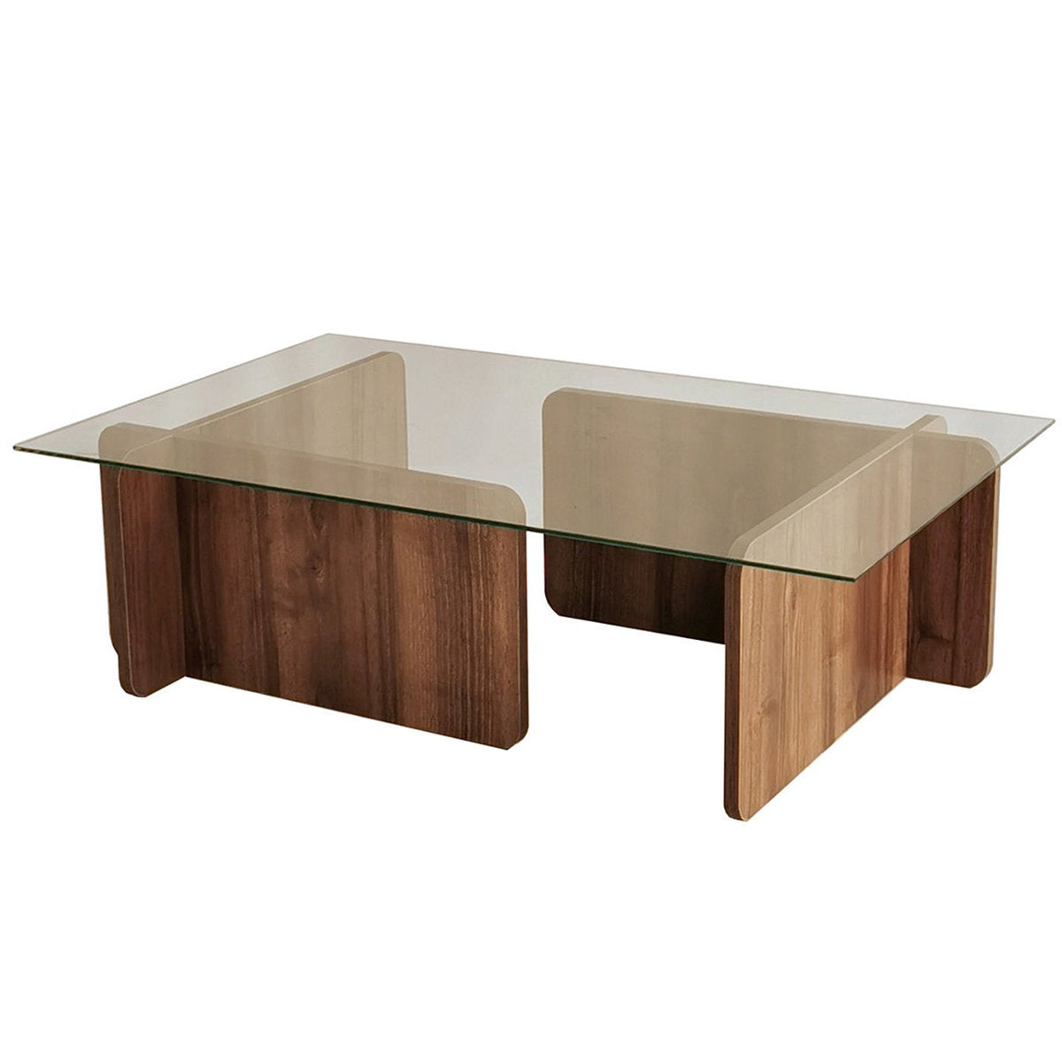Coffee Table, Clear Glass Top with Medium Wood Base
