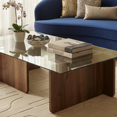 Coffee Table, Clear Glass Top with Medium Wood Base