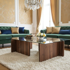 Coffee Table, Clear Glass Top with Medium Wood Base