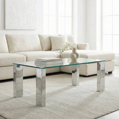 Coffee Table, Clear Tempered Glass Top with Chrome Stainless Steel Legs
