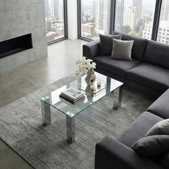 Coffee Table, Clear Tempered Glass Top with Chrome Stainless Steel Legs