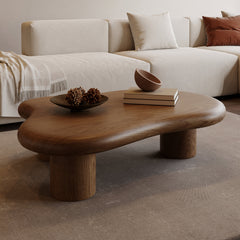 Coffee Table, Cloud-Shaped Solid Wood Veneer, Three Cylinder Bases, Walnut