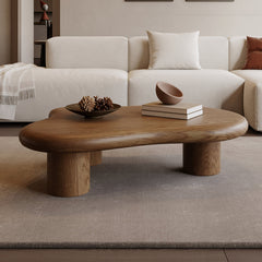 Coffee Table, Cloud-Shaped Solid Wood Veneer, Three Cylinder Bases, Walnut