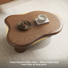 Coffee Table, Cloud-Shaped Solid Wood Veneer, Three Cylinder Bases, Walnut