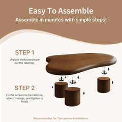 Coffee Table, Cloud-Shaped Solid Wood Veneer, Three Cylinder Bases, Walnut