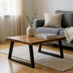 Coffee Table, Dark Brown Wood Top with Black Steel Base