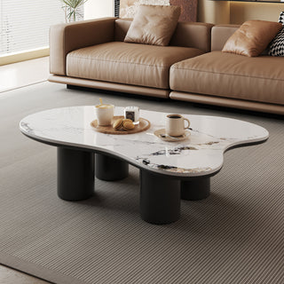 Coffee Table, Free Form White Stone Top, Black Pedestal Base