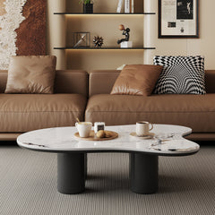 Coffee Table, Free Form White Stone Top, Black Pedestal Base