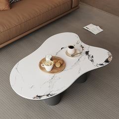 Coffee Table, Free Form White Stone Top, Black Pedestal Base