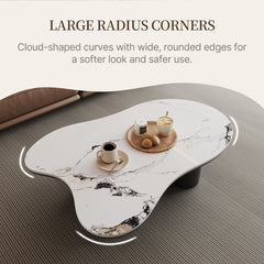 Coffee Table, Free Form White Stone Top, Black Pedestal Base