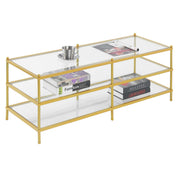 Coffee Table, Gold Metal Frame, Tempered Glass Top with Shelves