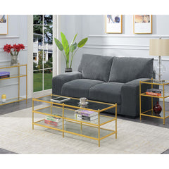 Coffee Table, Gold Metal Frame, Tempered Glass Top with Shelves