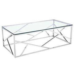 Coffee Table in Clear Tempered Glass with Silver Stainless Steel Base